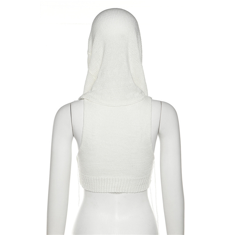 Sleeveless Hooded Knit Crop Top Burning Man Festival Outfit, Stretch Ribbed Tank Sweater for Women (S–L,Gray/Black/White)