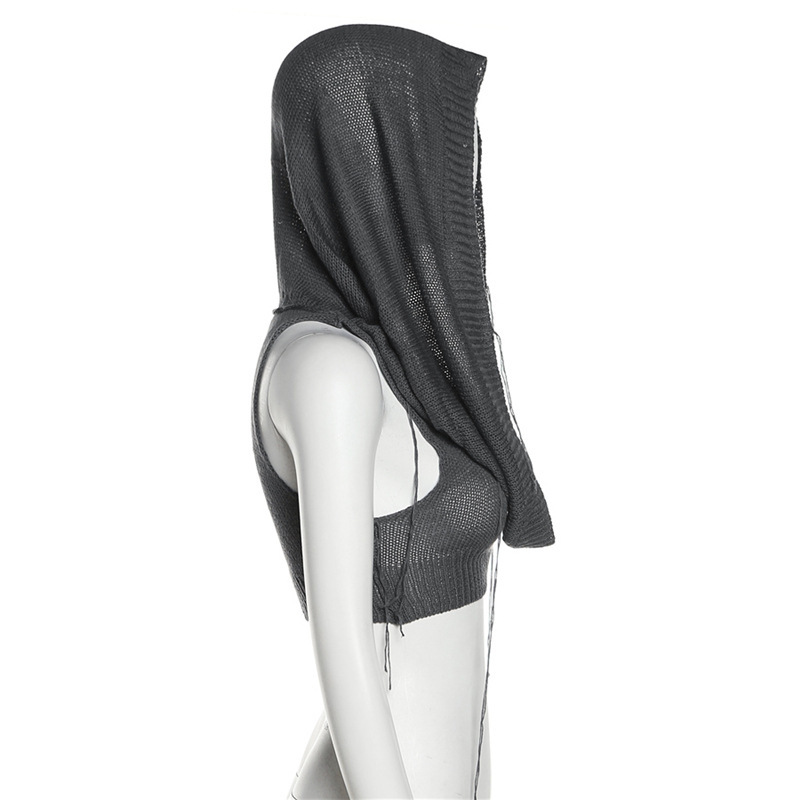 Sleeveless Hooded Knit Crop Top Burning Man Festival Outfit, Stretch Ribbed Tank Sweater for Women (S–L,Gray/Black/White)