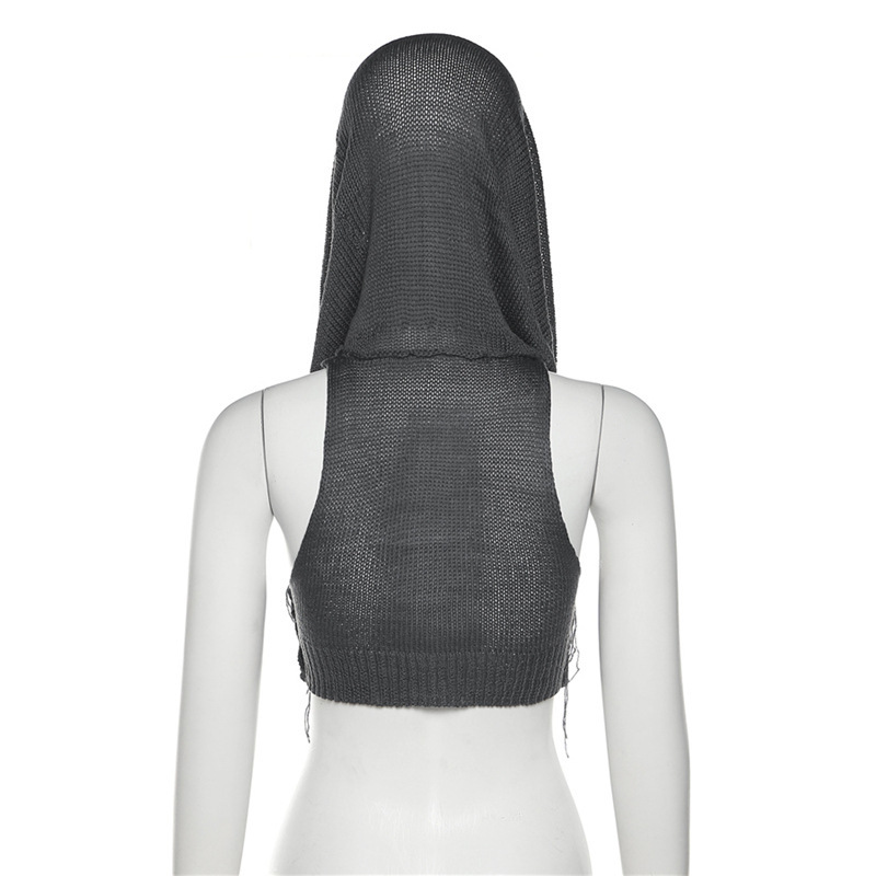 Sleeveless Hooded Knit Crop Top Burning Man Festival Outfit, Stretch Ribbed Tank Sweater for Women (S–L,Gray/Black/White)