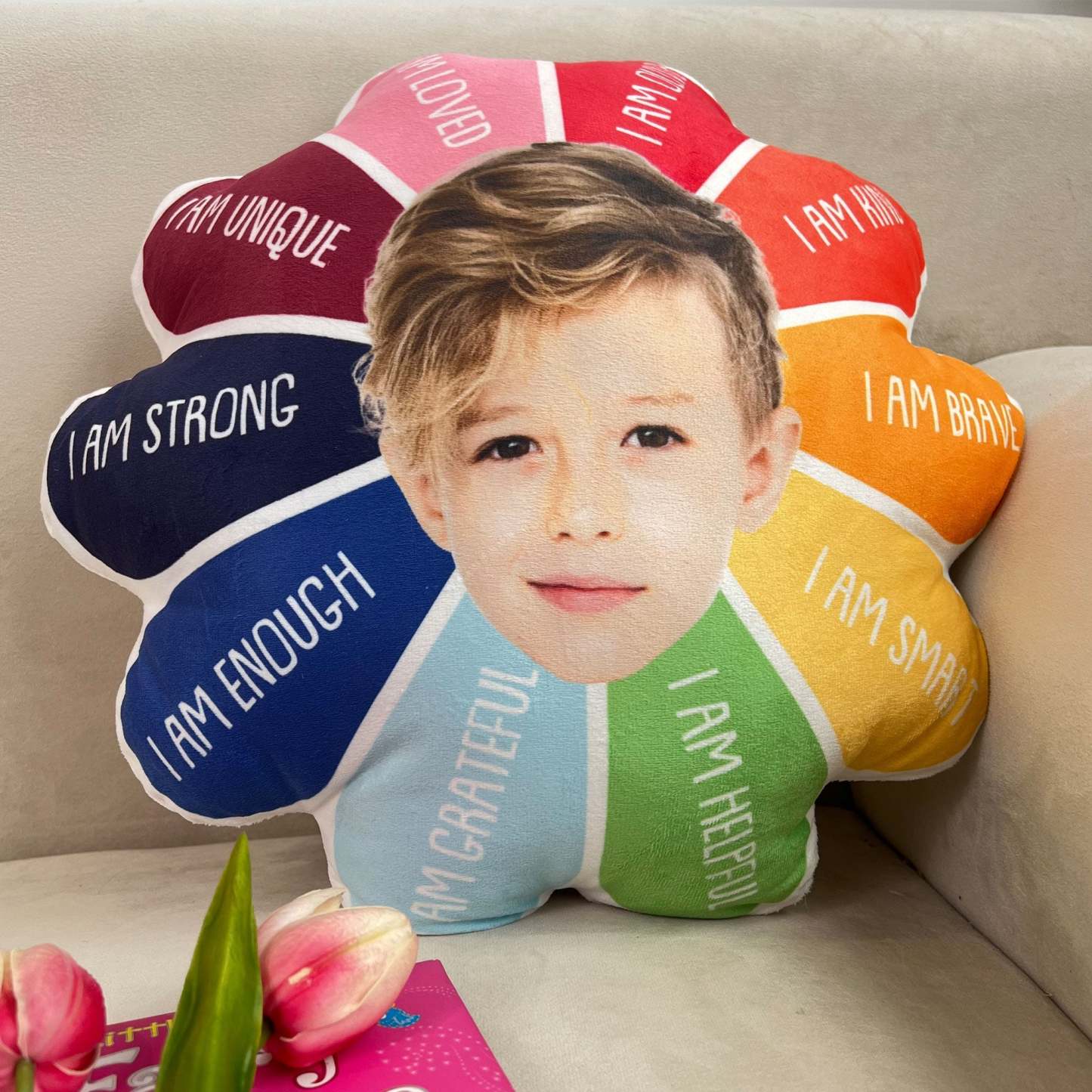 Personalized Custom Photo Pillow | Shaped Face Design with "I Am Kind, I Am Smart, I Am Grateful