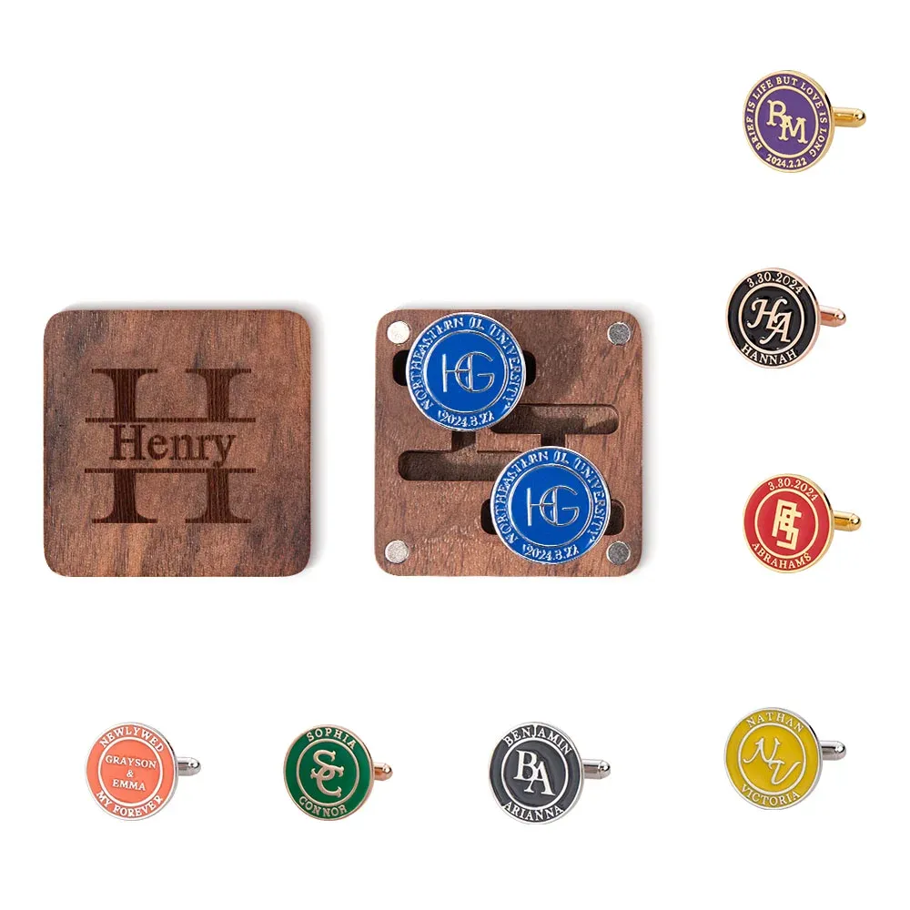 Personalized Name Colorful Enamel Cufflinks, Initials Engraved Cufflinks with Box, Father's Day/Valentine's Day/Wedding Gift for Dad/Husband/Groom