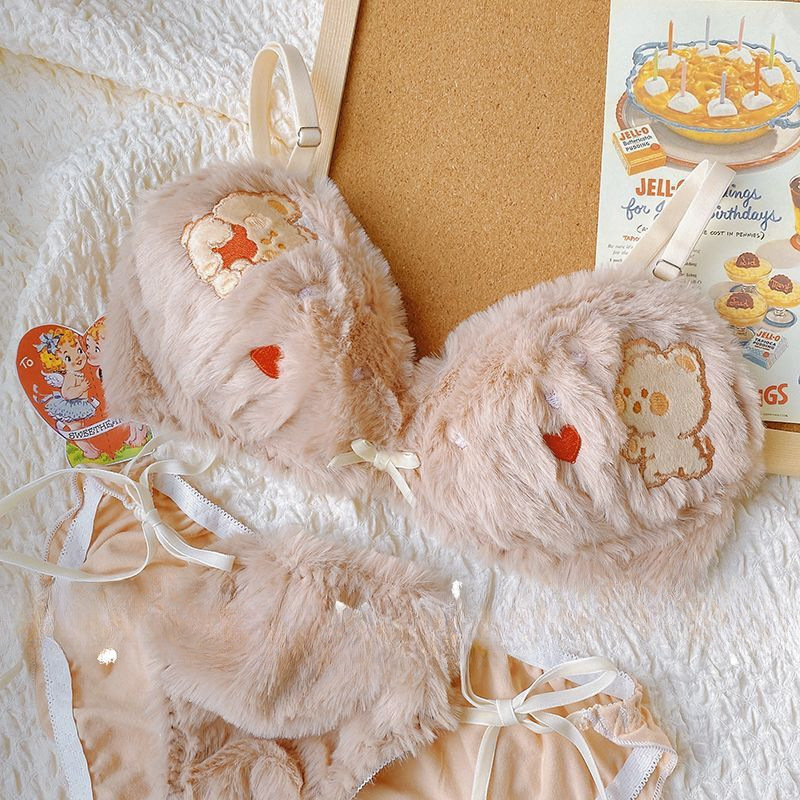 Plushy Bear Winter Lingerie Set – No-Wire Cozy Fleece Bra & Panty, Sweet Japanese Style Cute Teddy Design, Sizes M-XL (70ABC–80ABC)