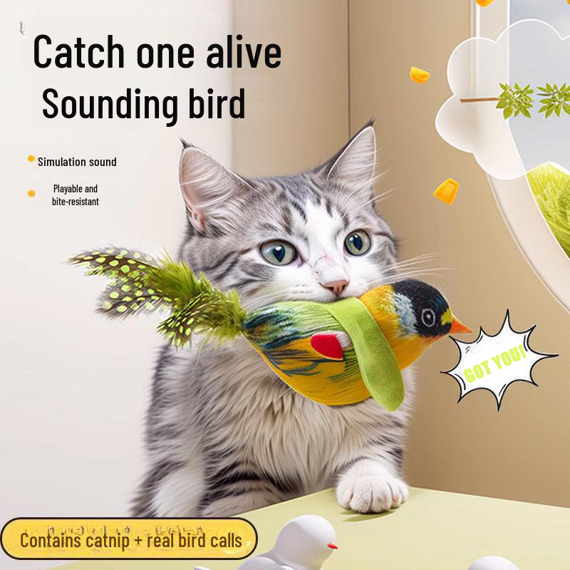Interactive Plush Bird Cat Toy Hanging Electric Cat Teaser with Realistic Bird Sound for Indoor Play
