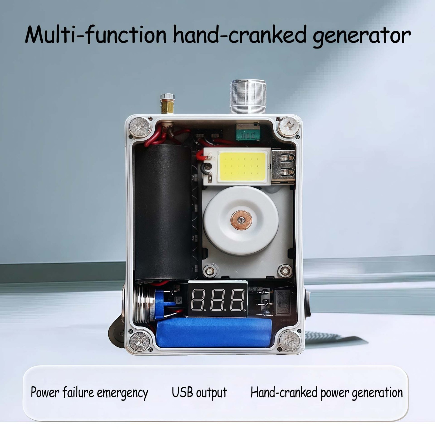 Hand Crank Generator 8.4V Emergency Power Bank with USB Output, LED Light, Ignition, Battery-Free Outdoor Charger