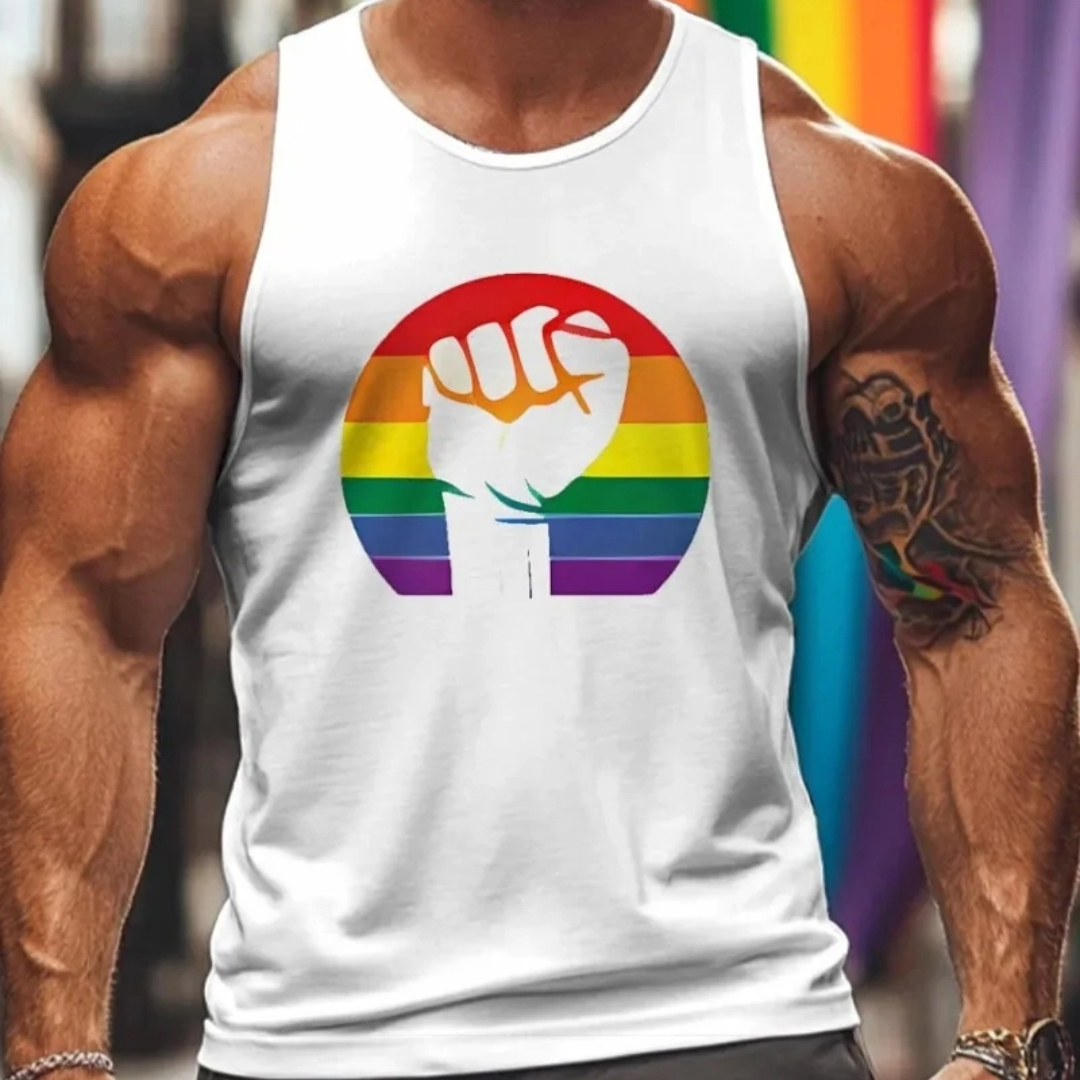 2025 Gay Rainbow Fist Print Style Tank Top Sizes XS-7XL Colorful Gay Man Casual Sleeveless Shirt