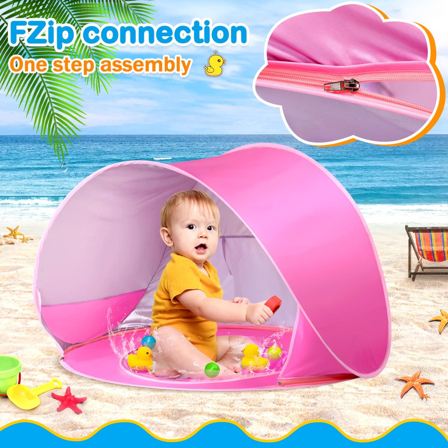 Baby Beach Tent with Mini Pool Pop-Up UV Sun Shelter UPF 50+, Removable Canopy & Carry Bag