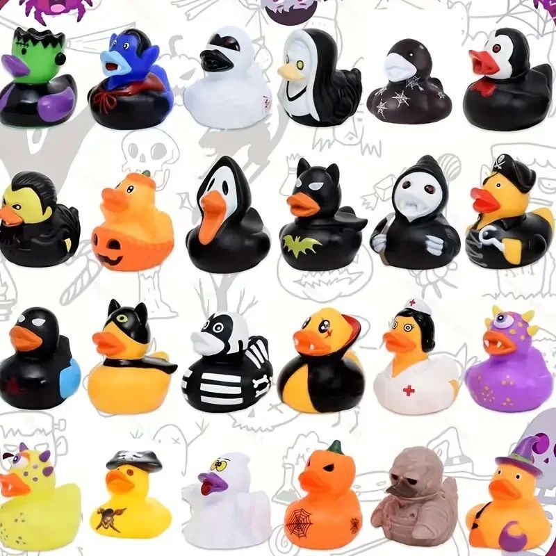 24Pcs Mini Halloween Rubber Ducks 6cm Squeaky Bath Toys Stress Relief Squeeze Fidgets Party Favors Gift Bulk Set