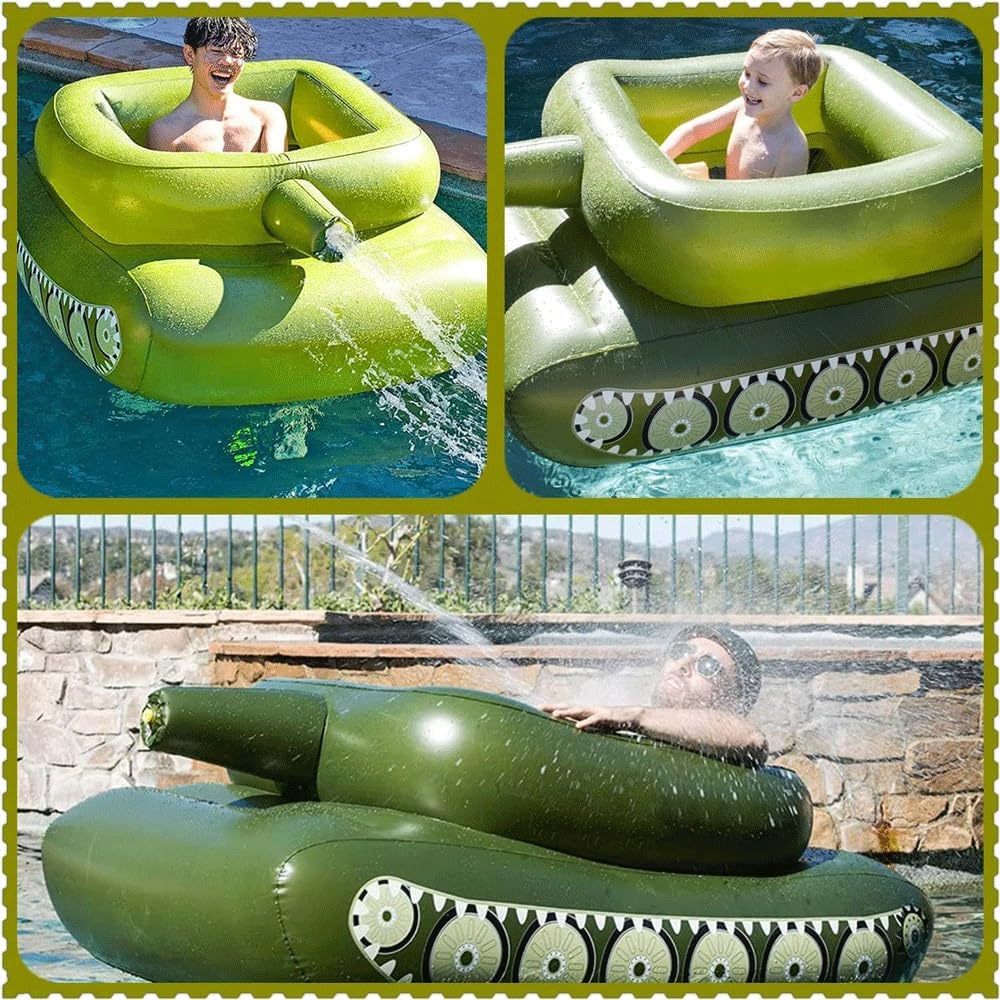 Battle Tank Ride-On Pool Float for Kids – Inflatable Tank Float with Water Squirt Gun, Summer Water Toy for Pool & Beach (Ages 6–12)