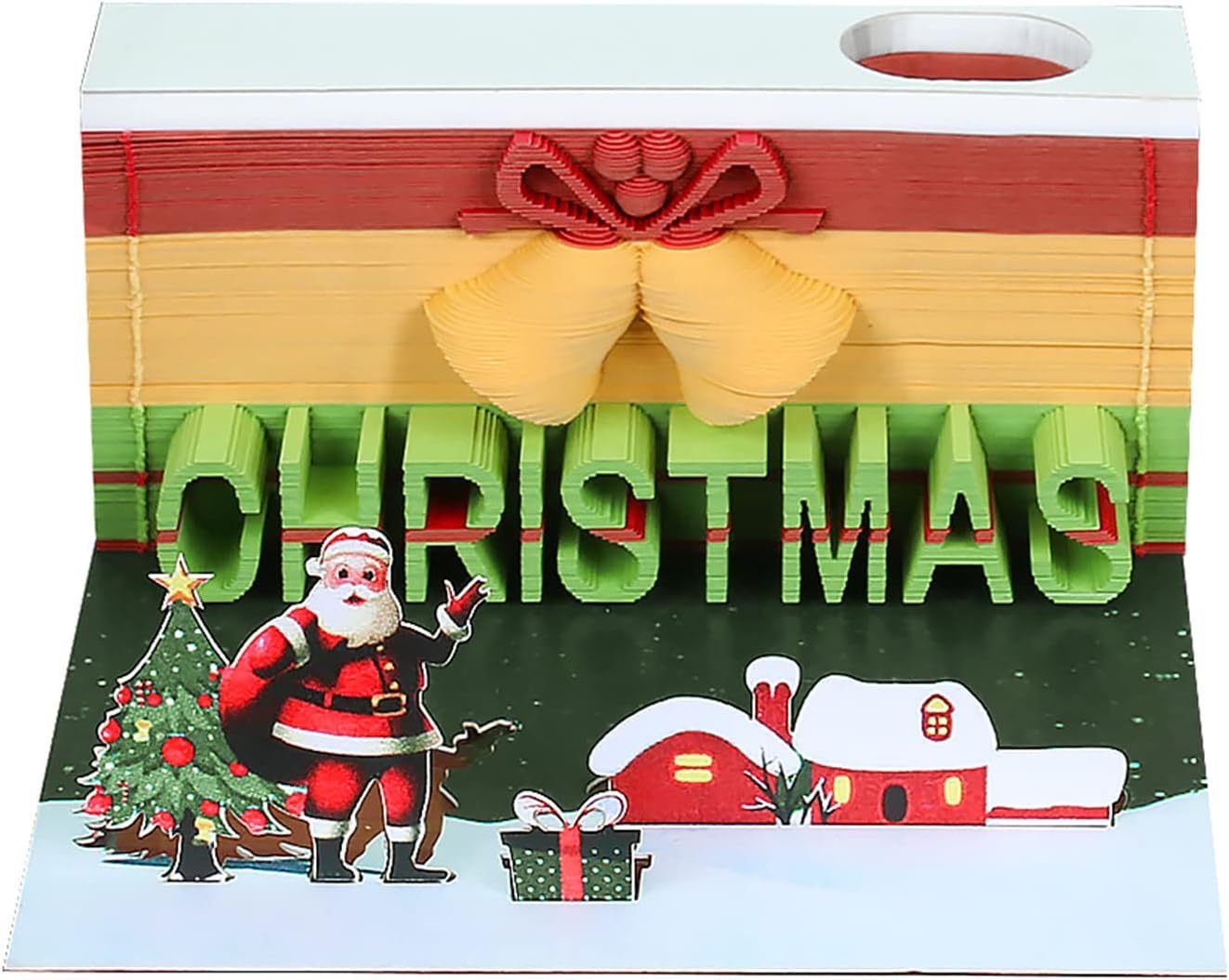 3D Calendar 2025, Notepad Paper Carving Calendar, Desktop Decoration with Light & Dust Cover, Tearable Creative Memo for Office & Home (Christmas Tree House)