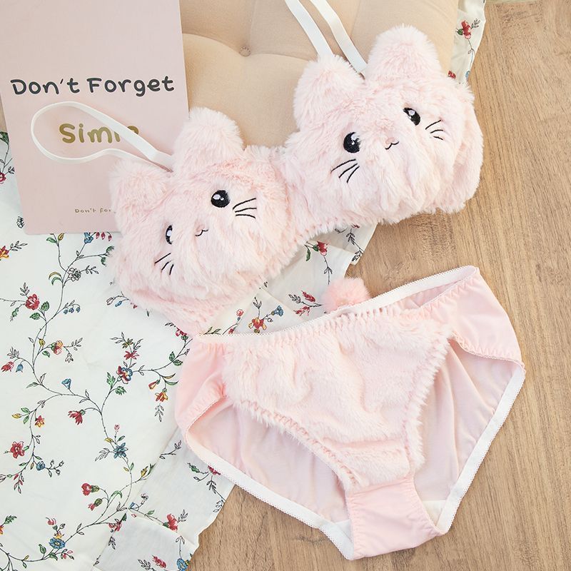 Plushy Bear Winter Lingerie Set – No-Wire Cozy Fleece Bra & Panty, Sweet Japanese Style Cute Teddy Design, Sizes M-XL (70ABC–80ABC)