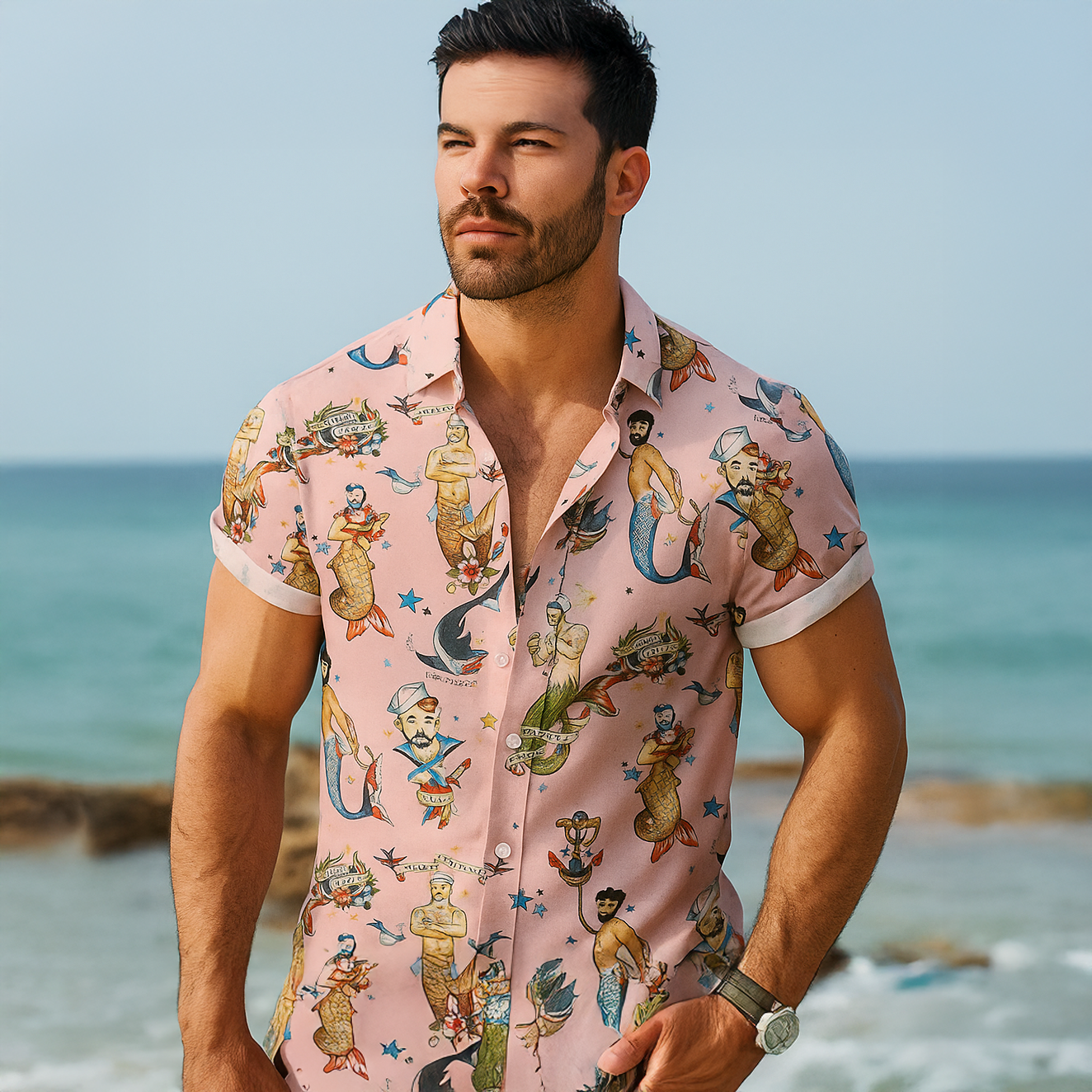 Men's Pink Mermaid Shirt Pride Month From Size S to 5XL with Comfortable Butterfly Mesh Fabric Material For LGBTQ