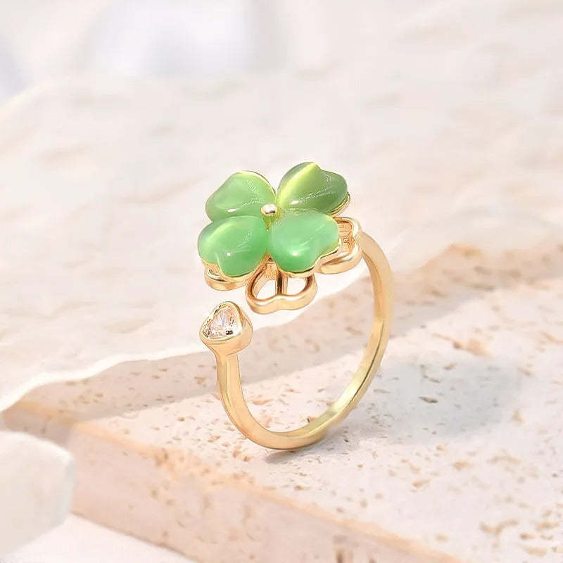 Cat's Eye Four Leaf Clover Love Anxiety Worry Fidget Spinner Ring