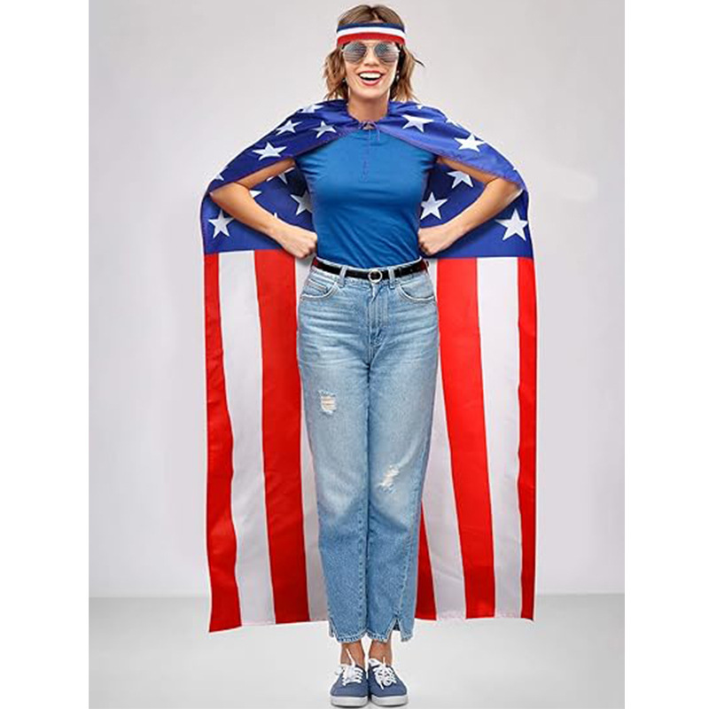 4th of July American Flag Costume Set Retro 80s Sunglasses, Stars & Stripes Headband, and USA Flag Cape for Independence Day Celebration