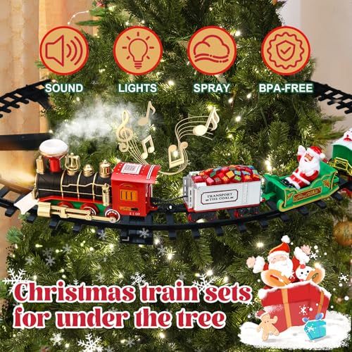 Christmas Train Set - Hanging Train Toys Around Under The Christmas Tree w/Smoke, Whistle (Turn on/Off) & Lights, Toys Decoration for 3 4 5 6 7 8+ Boys Girls