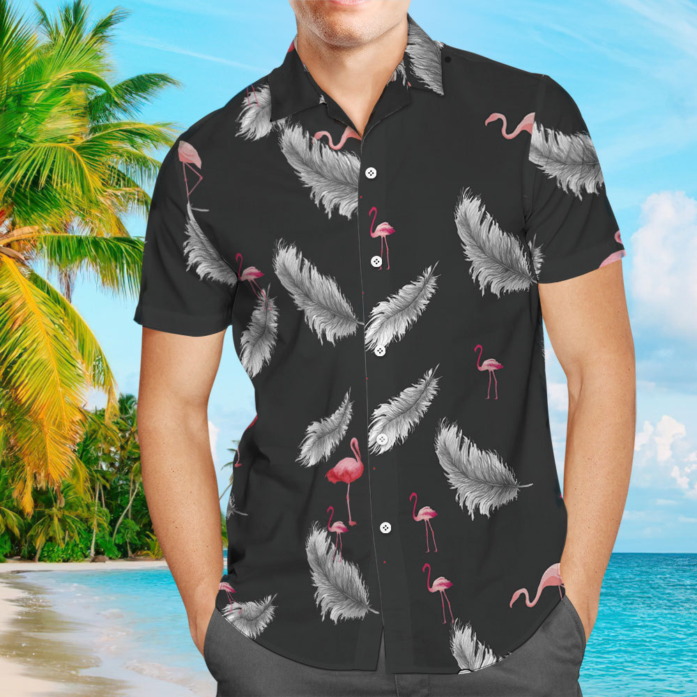 Men's Hawaiian Shirt Black Shirt with White Feather and Flamingos Pattern Aloha Beach Short-Sleeved Shirt From Size S to 5XL Tropical Shirt For Him