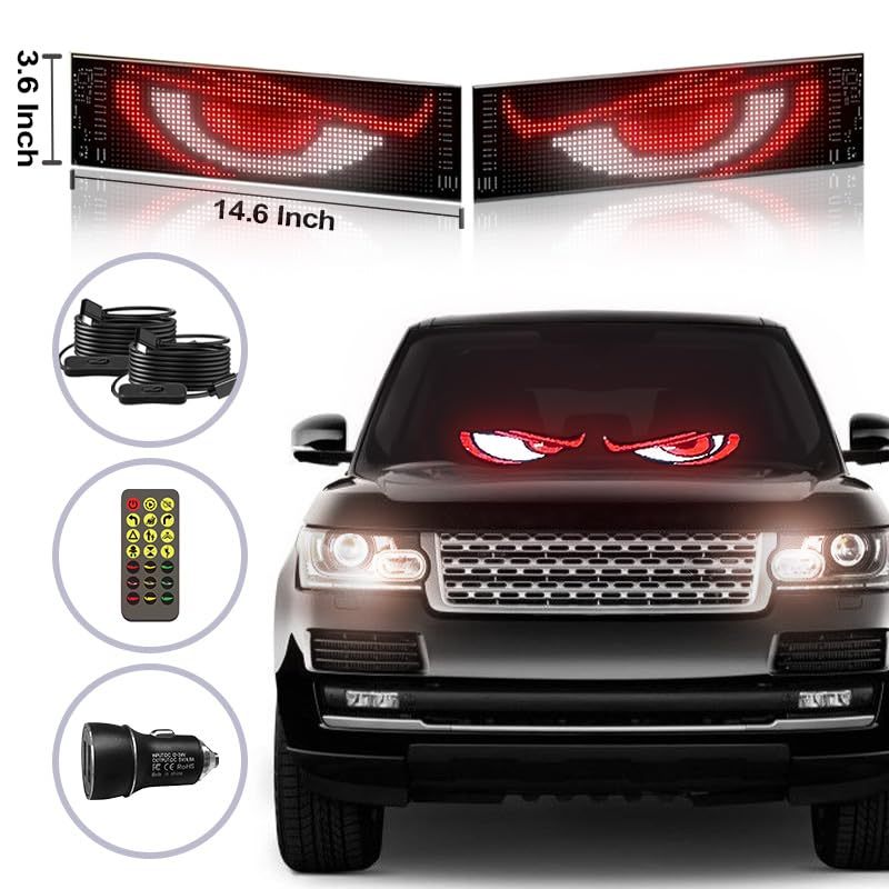 Flexible LED Devil Eyes Windshield Sign Animated Display Panel for Cars & Trucks with Remote Control & Bluetooth App Custom LED Sign for Bars, Shops, Hotels