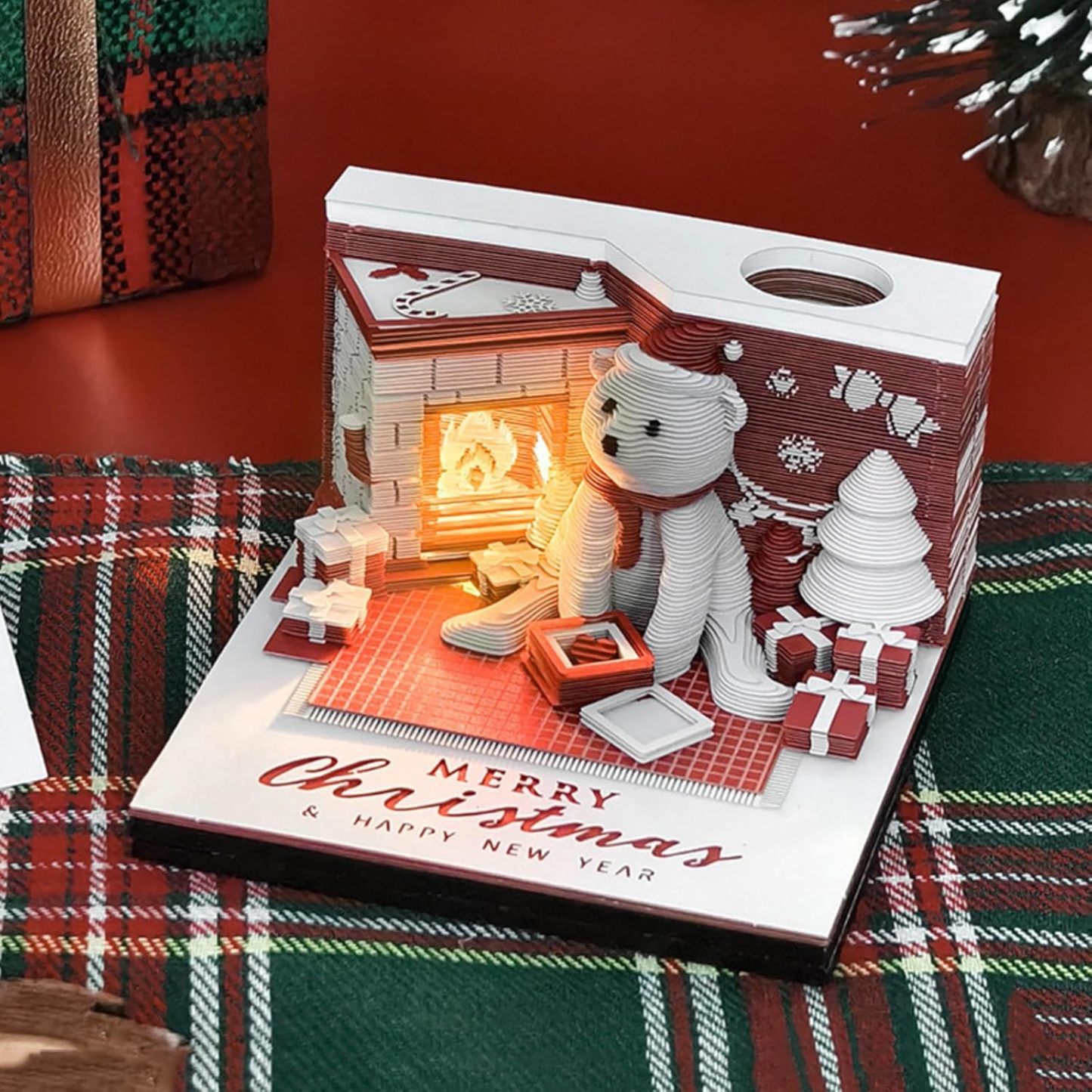 3D Calendar 2025, Notepad Paper Carving Calendar, Desktop Decoration with Light & Dust Cover, Tearable Creative Memo for Office & Home (Christmas Tree House)