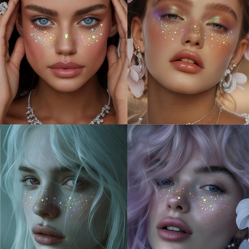 6 Sheets Sparkle Freckles Stickers, Rainbow Heart Star Pattern Waterproof Temporary Tattoo Decals for Party Holiday Daily Makeup Decoration