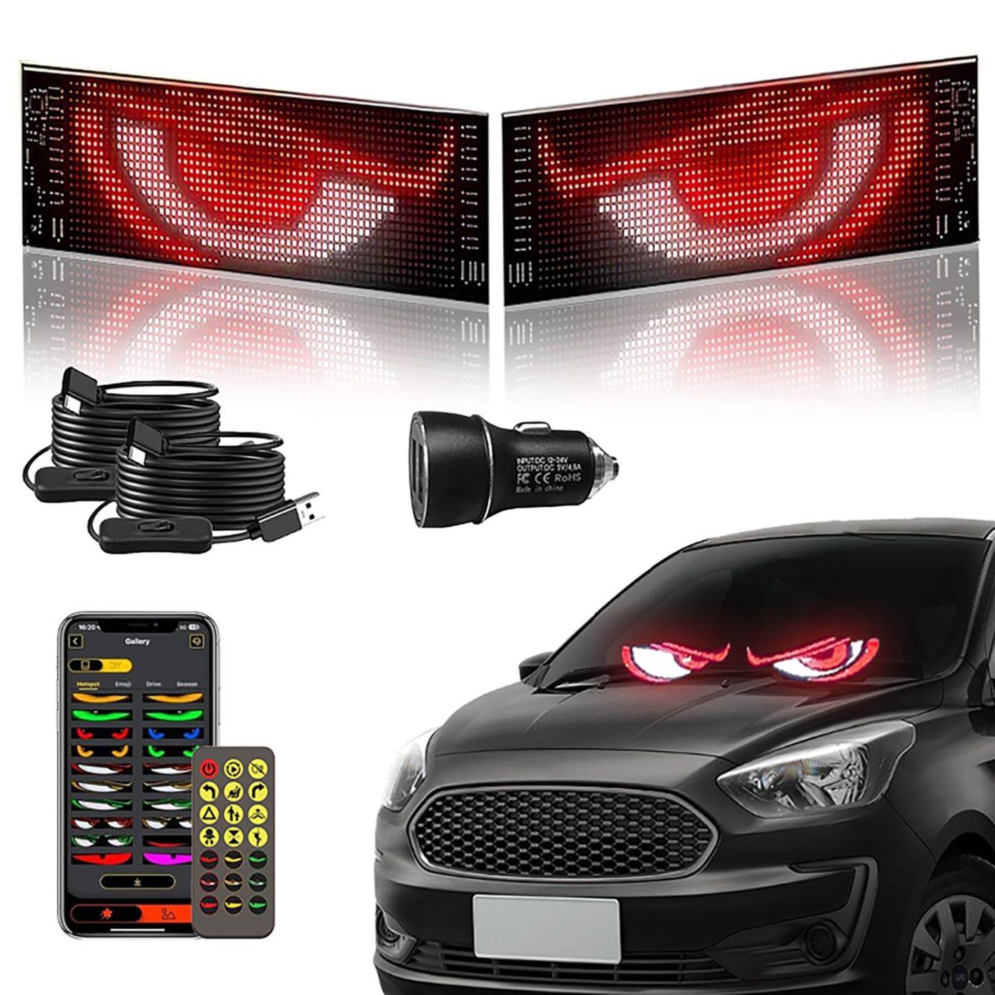 Flexible LED Devil Eyes Windshield Sign Animated Display Panel for Cars & Trucks with Remote Control & Bluetooth App Custom LED Sign for Bars, Shops, Hotels