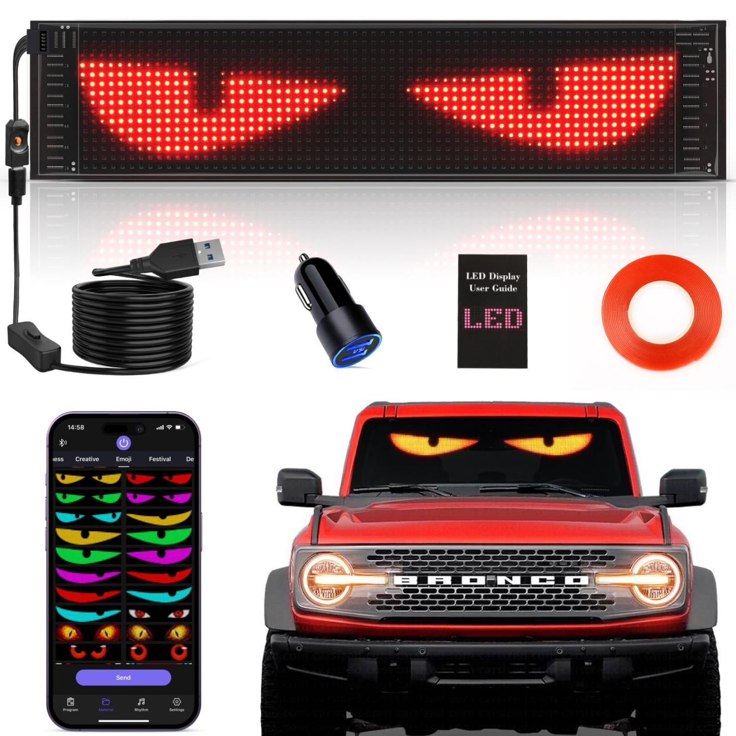 Flexible LED Devil Eyes Windshield Sign Animated Display Panel for Cars & Trucks with Remote Control & Bluetooth App Custom LED Sign for Bars, Shops, Hotels