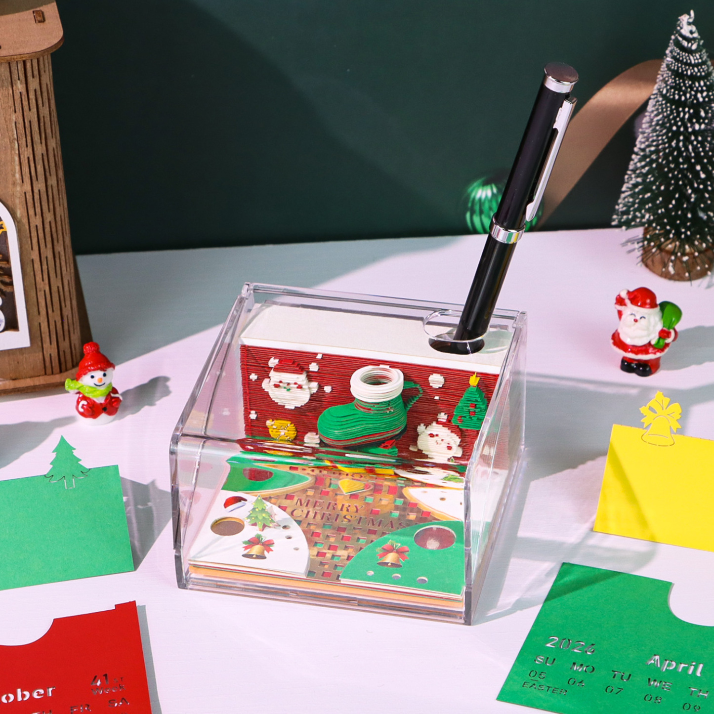 3D Calendar 2025, Notepad Paper Carving Calendar, Desktop Decoration with Light & Dust Cover, Tearable Creative Memo for Office & Home (Christmas Tree House)