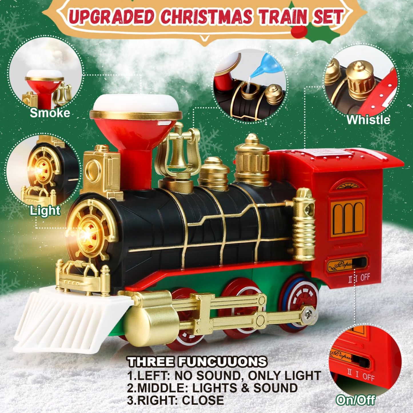 Christmas Train Set - Hanging Train Toys Around Under The Christmas Tree w/Smoke, Whistle (Turn on/Off) & Lights, Toys Decoration for 3 4 5 6 7 8+ Boys Girls