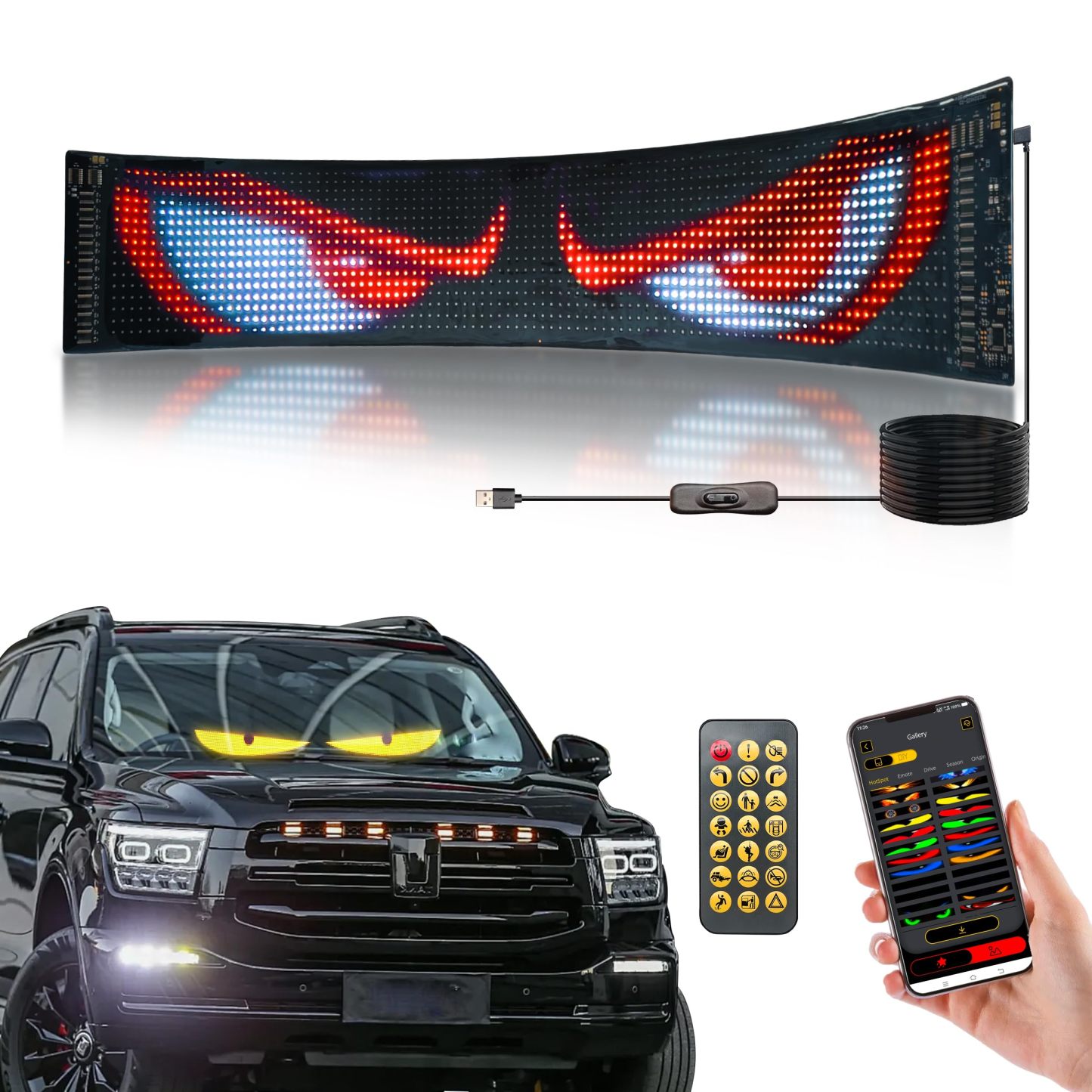 Flexible LED Devil Eyes Windshield Sign Animated Display Panel for Cars & Trucks with Remote Control & Bluetooth App Custom LED Sign for Bars, Shops, Hotels