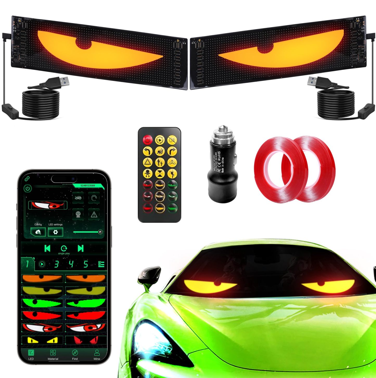 Flexible LED Devil Eyes Windshield Sign Animated Display Panel for Cars & Trucks with Remote Control & Bluetooth App Custom LED Sign for Bars, Shops, Hotels