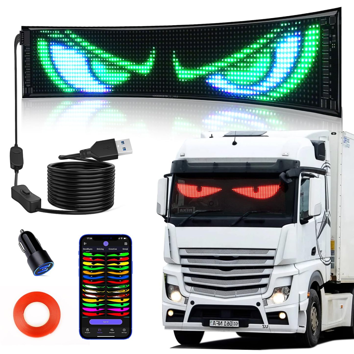Flexible LED Devil Eyes Windshield Sign Animated Display Panel for Cars & Trucks with Remote Control & Bluetooth App Custom LED Sign for Bars, Shops, Hotels