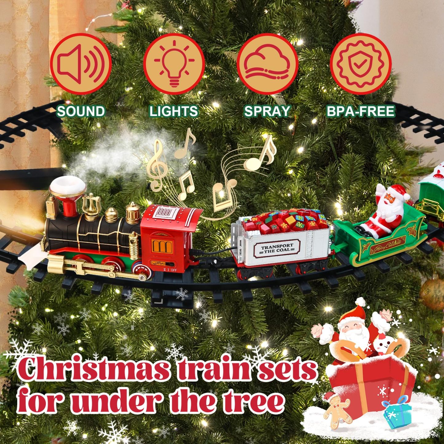 Christmas Train Set - Hanging Train Toys Around Under The Christmas Tree w/Smoke, Whistle (Turn on/Off) & Lights, Toys Decoration for 3 4 5 6 7 8+ Boys Girls