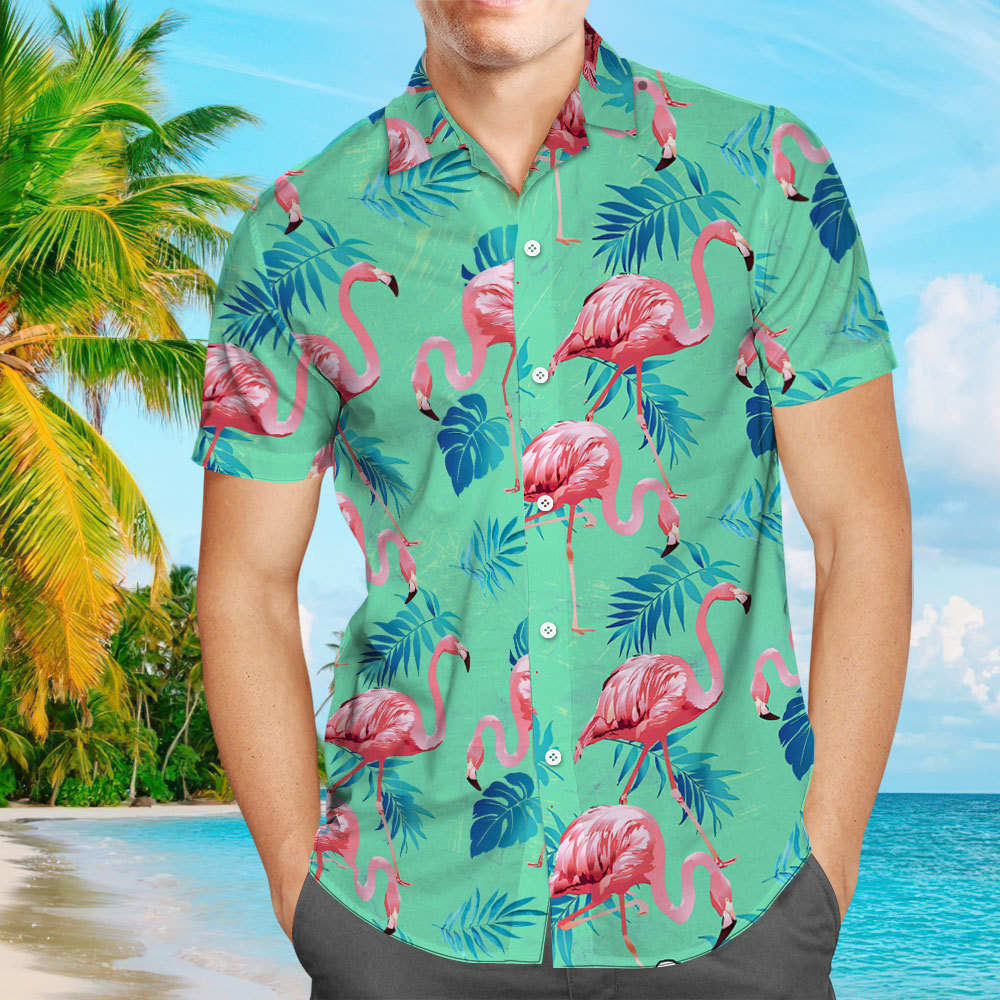 Men's Hawaiian Shirt Mint Green Shirt with Flamingos Pattern Aloha Beach Short-Sleeved Shirt From Size S to 5XL Tropical Shirt For Him