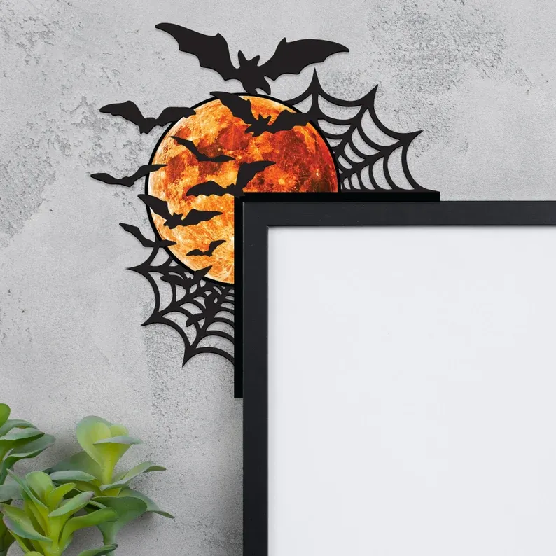 Halloween Door Corner Wooden Sign, Spider Web Moon and Bats Corner Decor, Fireplace Decor, Halloween Gift for Family, Spooky Gift