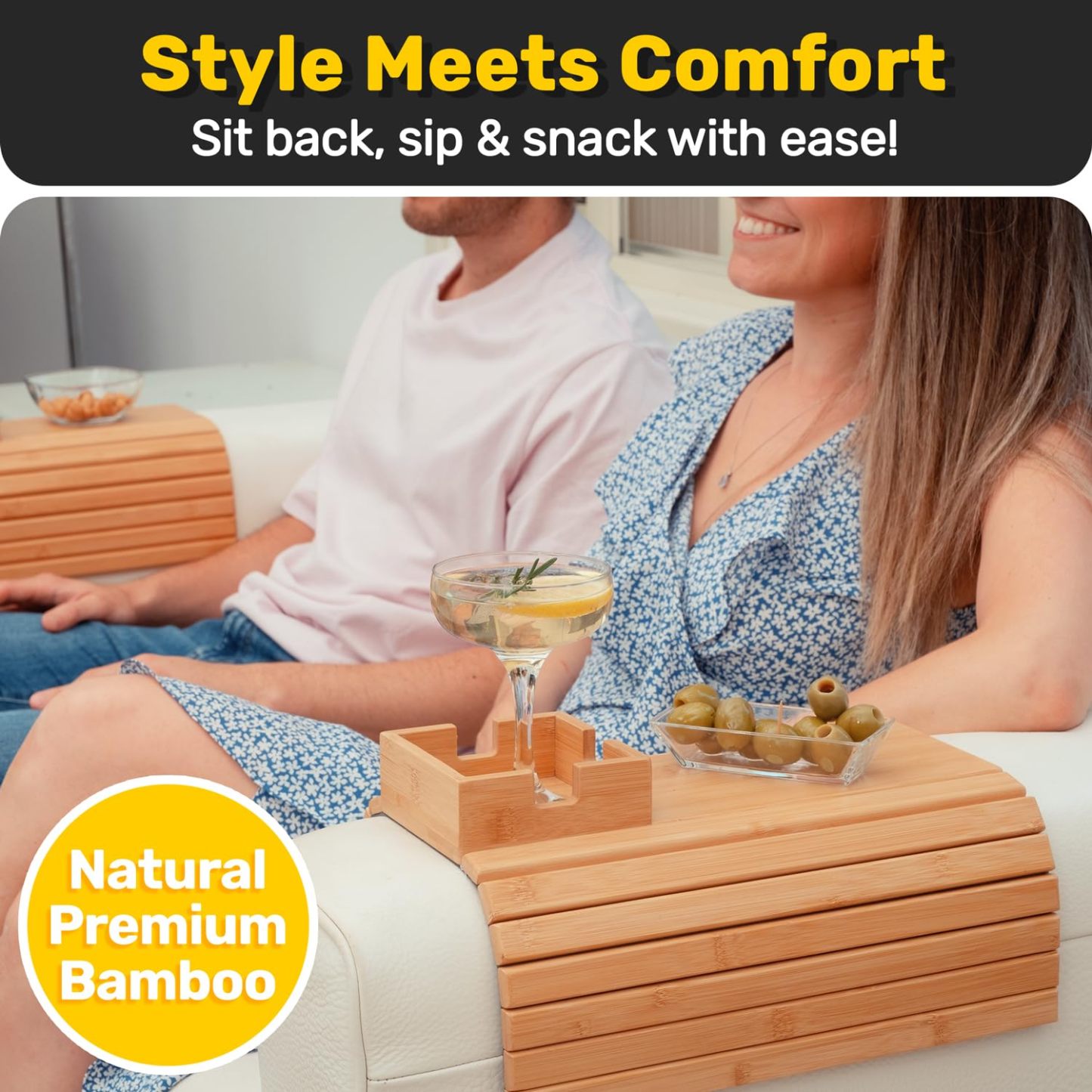 Bamboo Couch Tray with Cup Holder | Sofa Armrest Snack & Drink Holder for Couch, Recliner, Loveseat | Ideal for Small Spaces, Seniors, Apartment Living