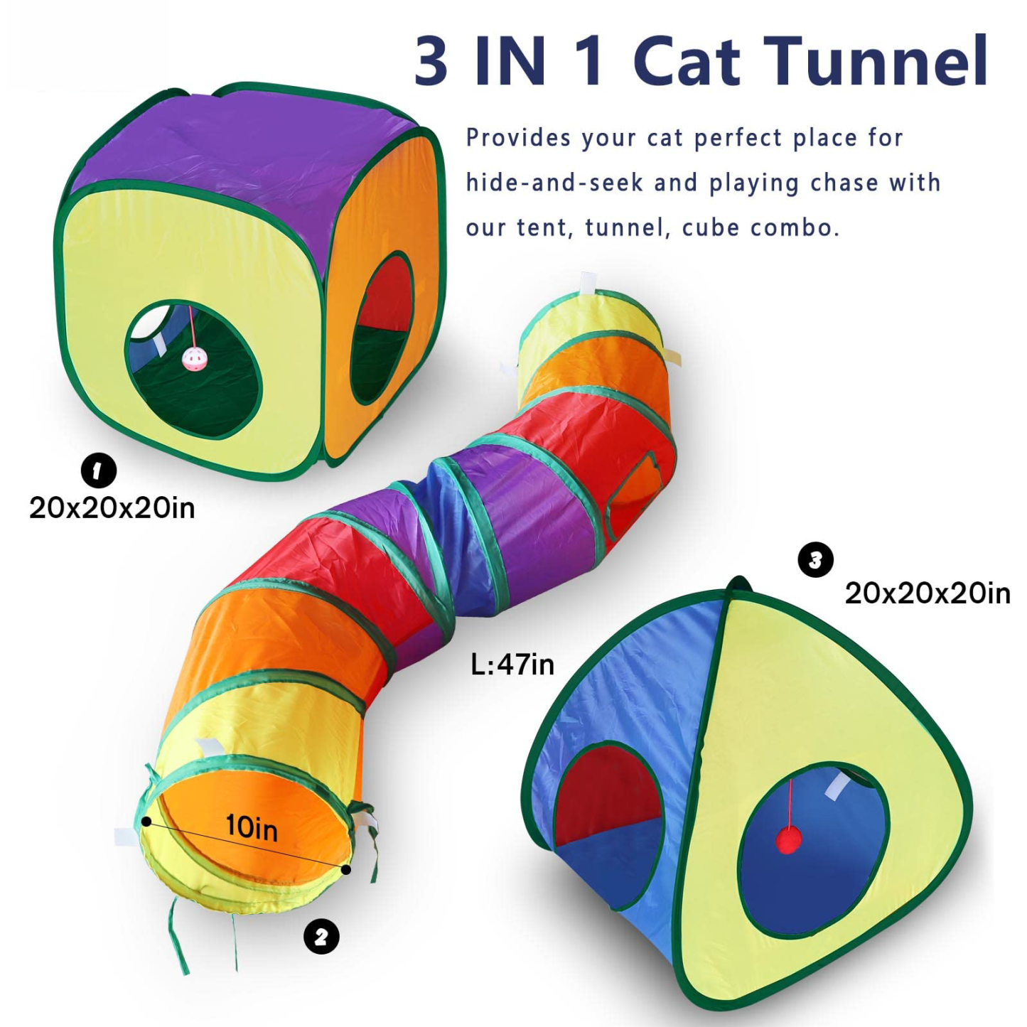 Cat Tunnel Toy for Indoor Cats Rainbow Color Pet Play Toy Tube with Ball & Peek Hole for Kittens, Puppies, Rabbits