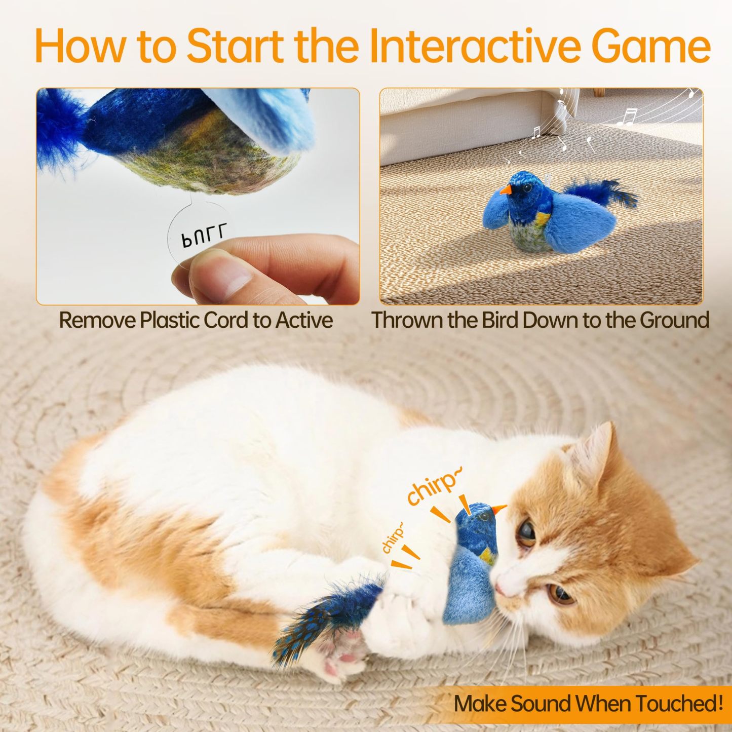 Interactive Plush Bird Cat Toy Hanging Electric Cat Teaser with Realistic Bird Sound for Indoor Play