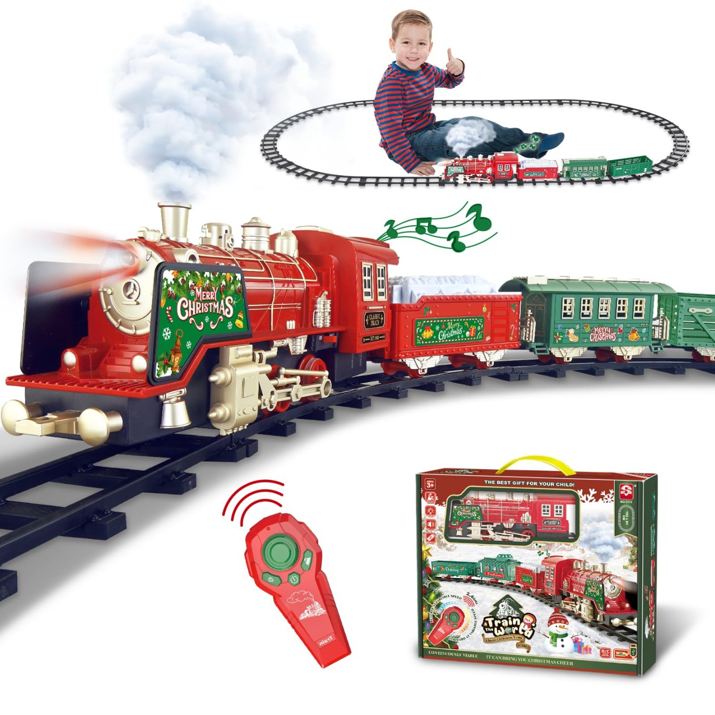 Christmas Train Set - Hanging Train Toys Around Under The Christmas Tree w/Smoke, Whistle (Turn on/Off) & Lights, Toys Decoration for 3 4 5 6 7 8+ Boys Girls