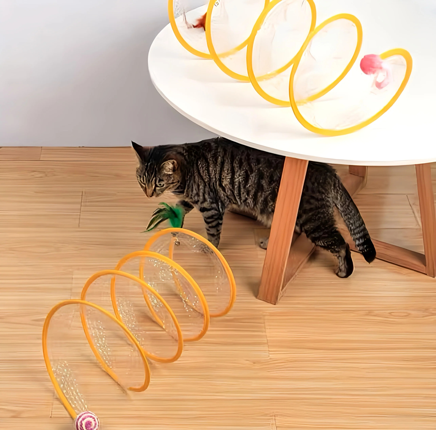Interactive Cat Tunnel Toy with Feather Teaser – 2-in-1 Cat Tunnel & Wand for Indoor Play, Exercise & Boredom Relief – Lightweight 120g, Steel Wire Structure