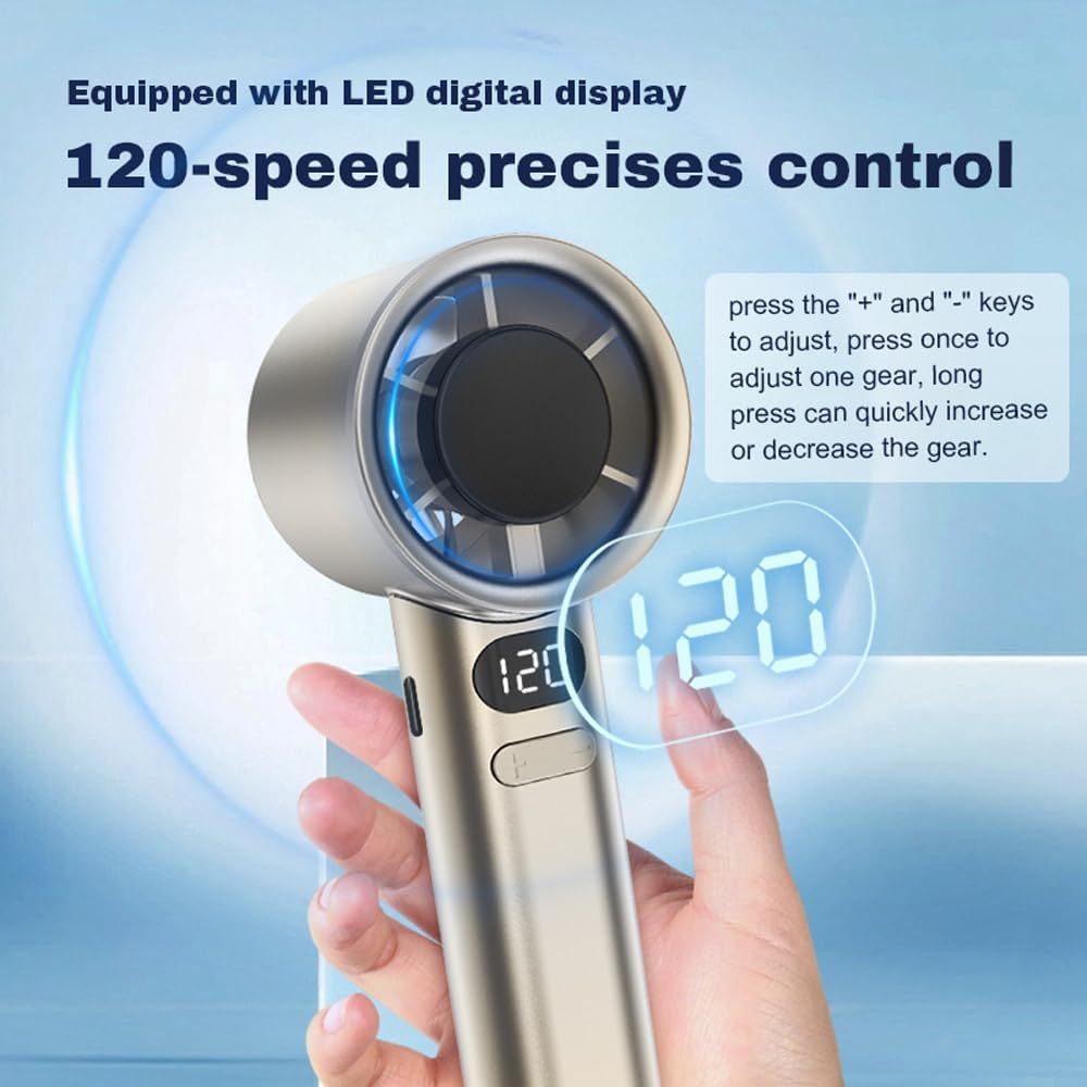 High-Speed Portable Handheld Fan with Digital Display Port 120 Speed Levels, Stepless Adjustment for Camping, Travel, and Home Office Use