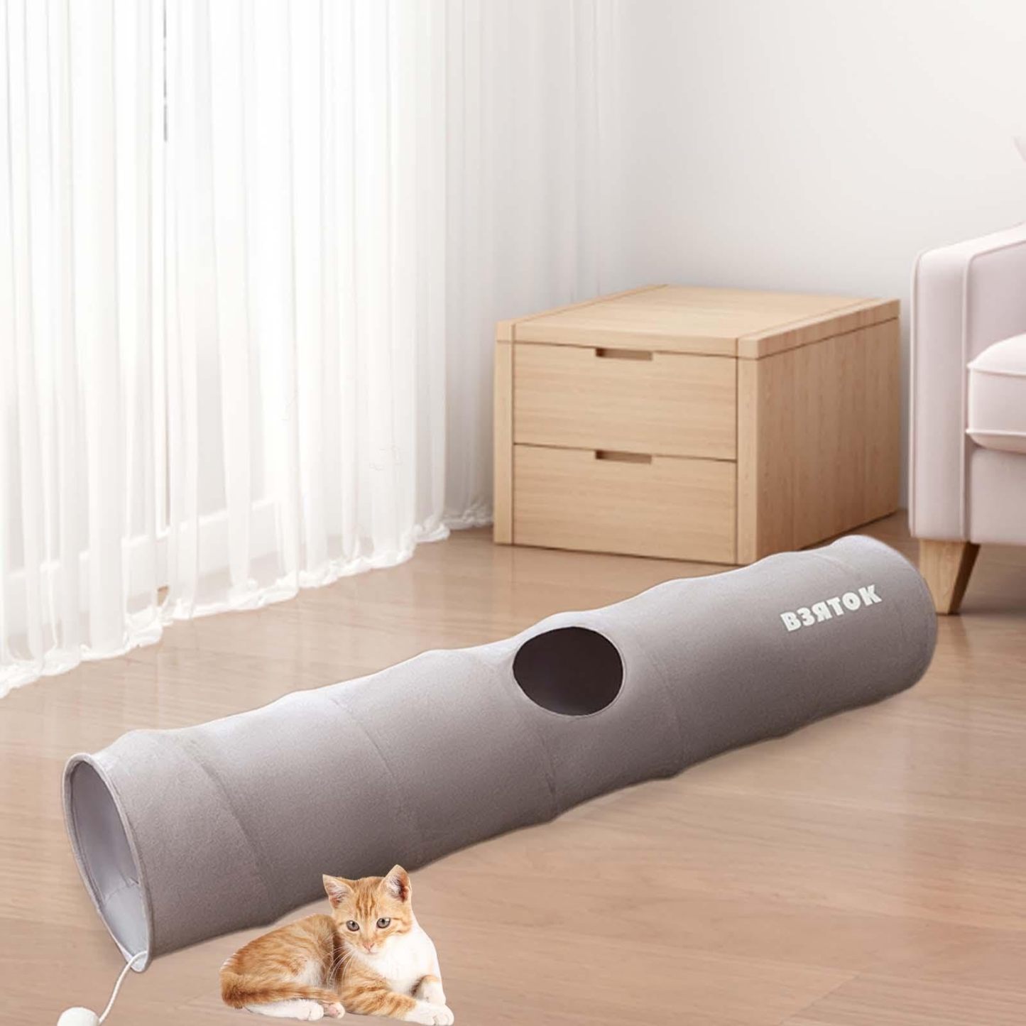 Cartoon Cat Tunnel Foldable Straight Tube Play Toy for Indoor Cats, Grey Polyester Pet Tunnel for Play & Storage Gift For Pet Lovers