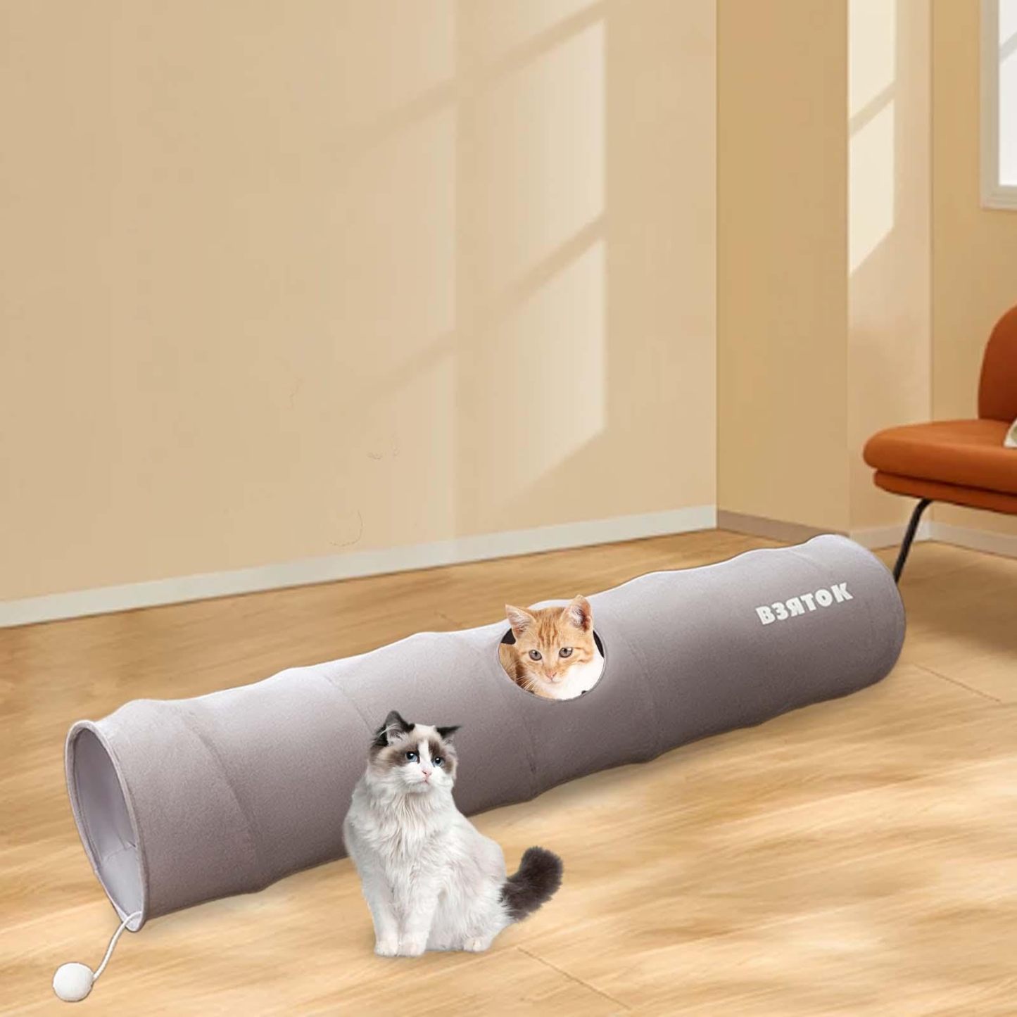 Cartoon Cat Tunnel Foldable Straight Tube Play Toy for Indoor Cats, Grey Polyester Pet Tunnel for Play & Storage Gift For Pet Lovers