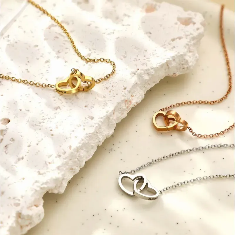 Personalised Double Heart Engraved Name Necklace with Rose Bear Giftbox Gift For Her