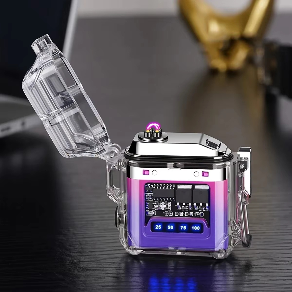 Mini Electric Arc Lighter Keychain – Rechargeable USB Lighter with Power Display & LED Flashlight for Outdoor Use