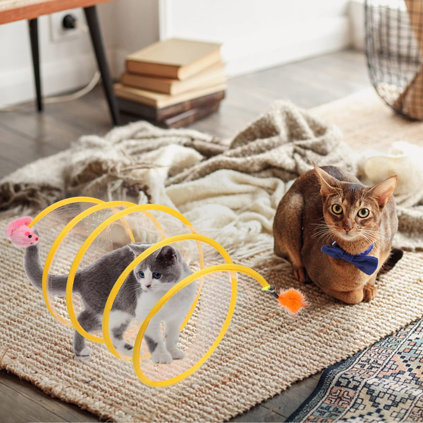 Interactive Cat Tunnel Toy with Feather Teaser – 2-in-1 Cat Tunnel & Wand for Indoor Play, Exercise & Boredom Relief – Lightweight 120g, Steel Wire Structure