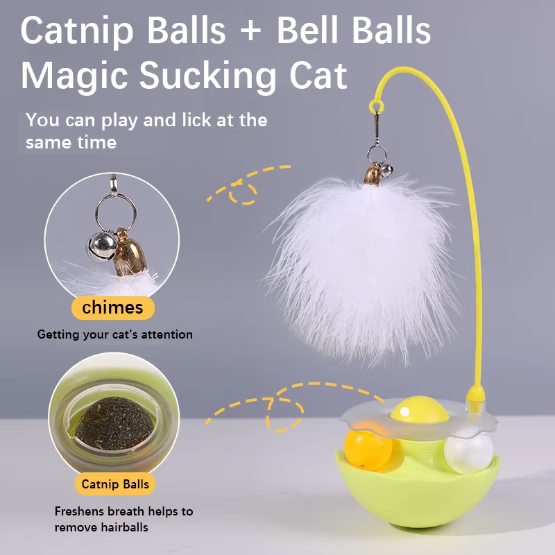 Interactive Tumbler Cat Toy Bite-Resistant Turntable with Plush Feathers, White Pink Yellow Color Fun Kitten Play Toy for Indoor Cats