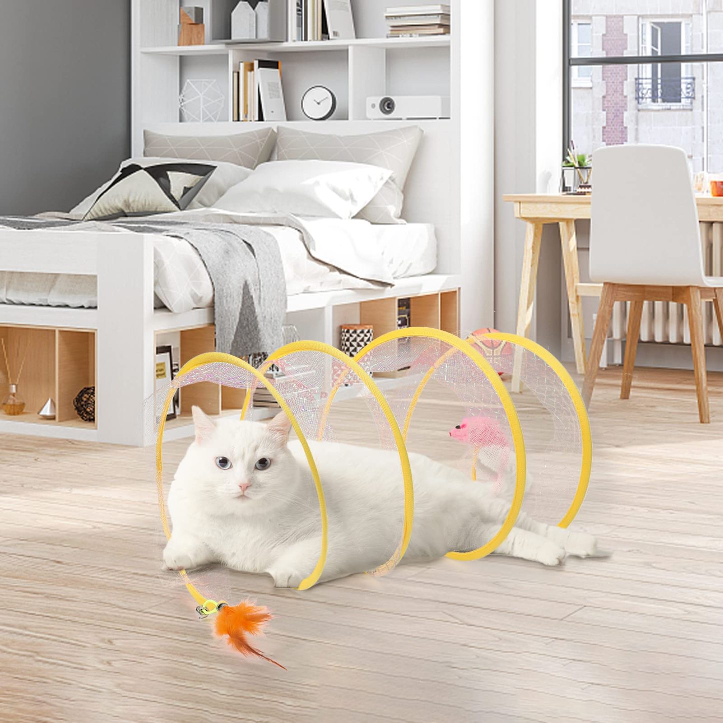 Interactive Cat Tunnel Toy with Feather Teaser – 2-in-1 Cat Tunnel & Wand for Indoor Play, Exercise & Boredom Relief – Lightweight 120g, Steel Wire Structure