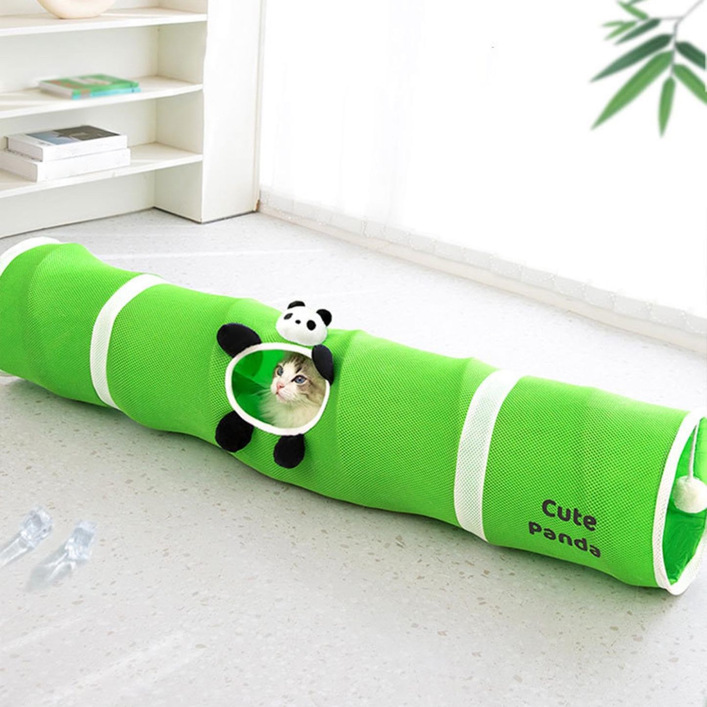 Cartoon Cat Tunnel Foldable Straight Tube Play Toy for Indoor Cats, Panda Bambu Style Polyester Pet Tunnel for Play & Storage Gift For Pet Lovers
