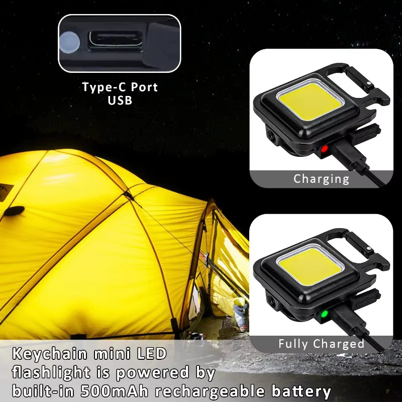 Multifunctional Mini Flashlight – 500 Lumens Keychain Light, USB Rechargeable, 4 Modes, Magnetic, Bottle Opener, Bracket for Hiking & Emergency Use