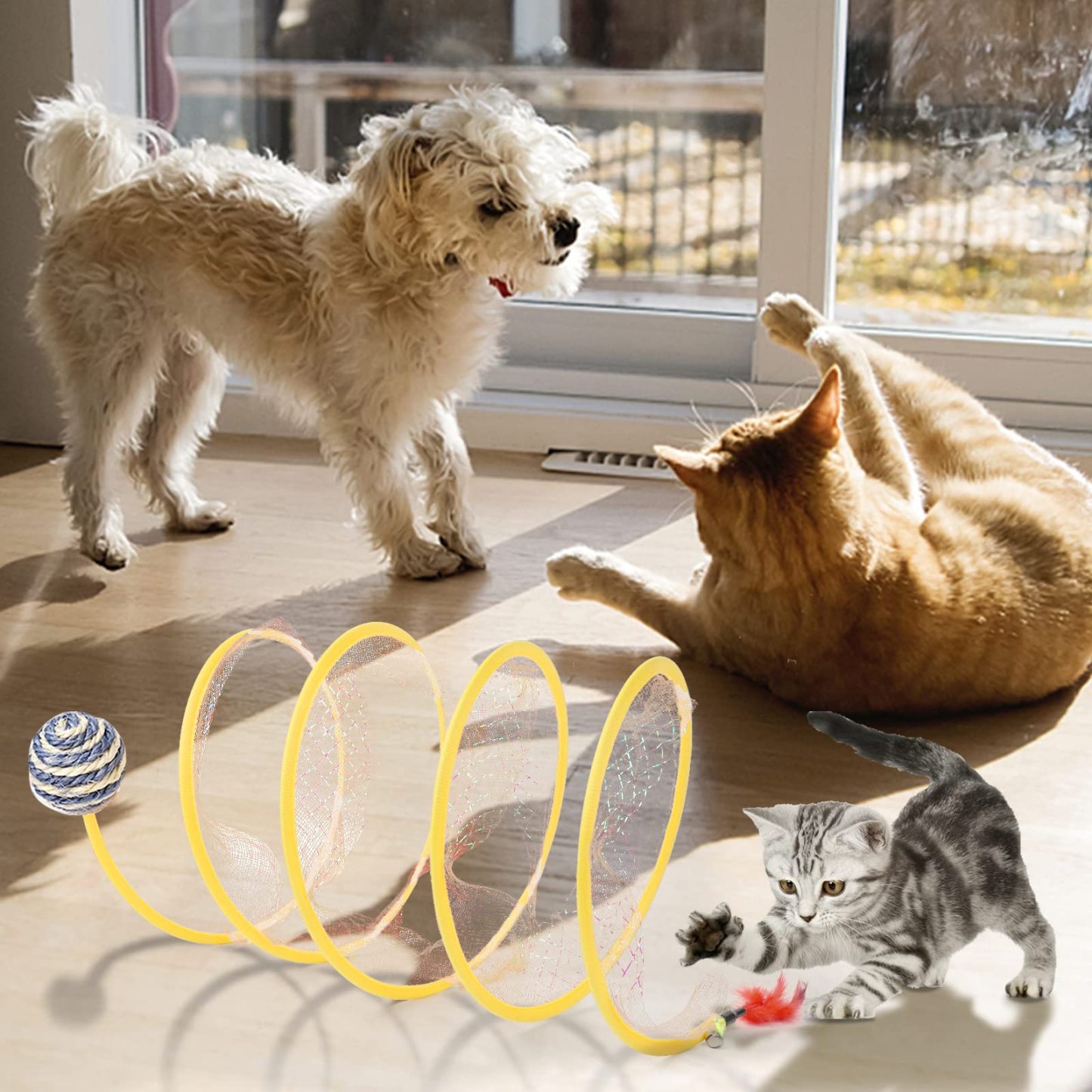 Interactive Cat Tunnel Toy with Feather Teaser – 2-in-1 Cat Tunnel & Wand for Indoor Play, Exercise & Boredom Relief – Lightweight 120g, Steel Wire Structure