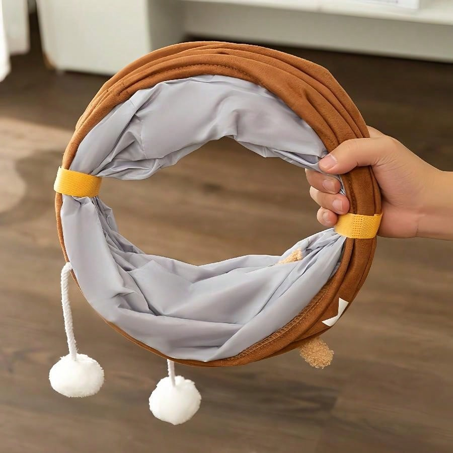 Cartoon Cat Tunnel Foldable Straight Tube Toy for Indoor Cats, Brown Polyester Pet Tunnel for Play & Storage