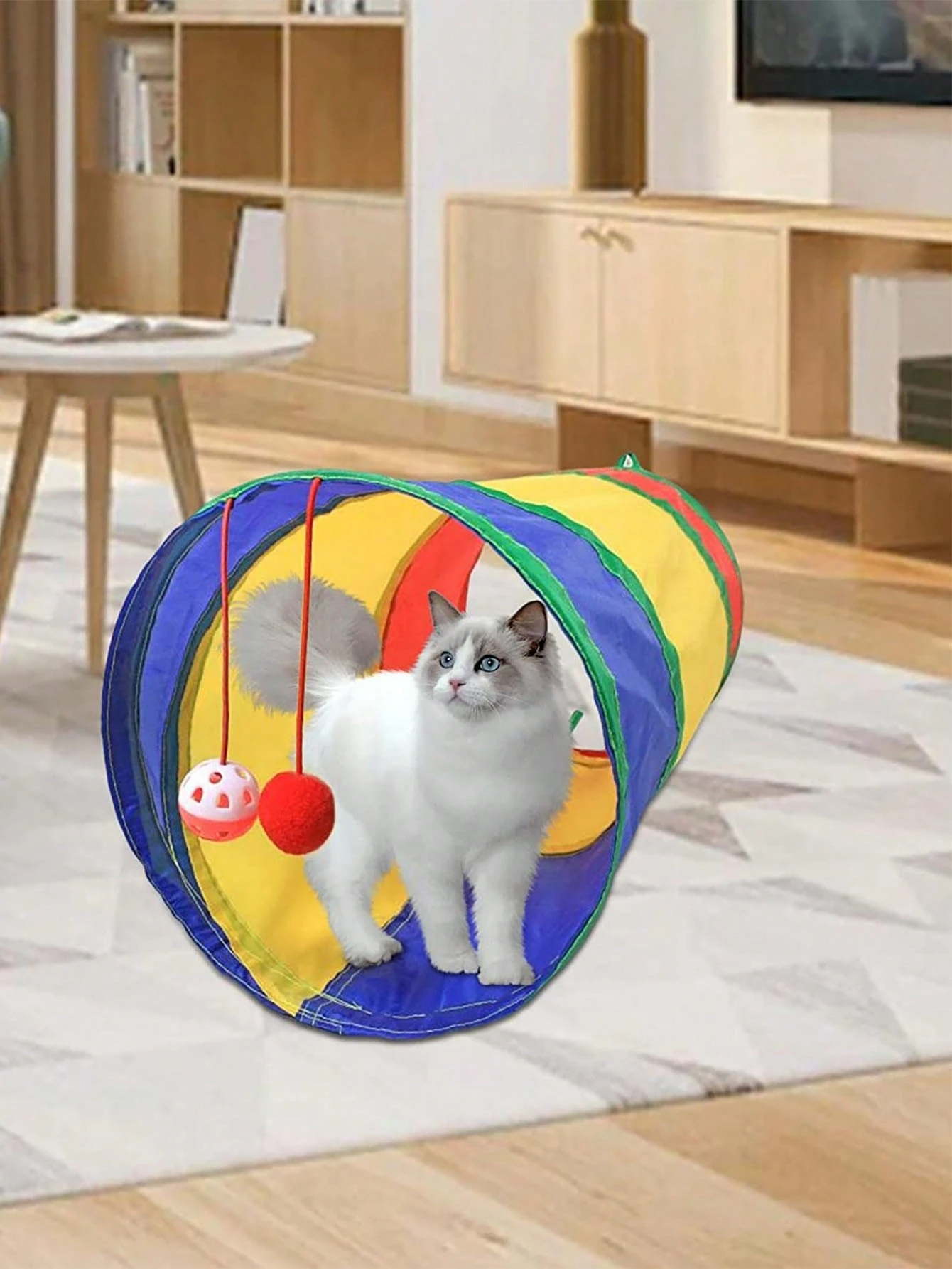 Rainbow Cat Tunnel Toy for Indoor Running Fun for Cats Foldable Play Tube with Peek Hole & Hanging Ball for Kittens, Puppies, and Rabbits